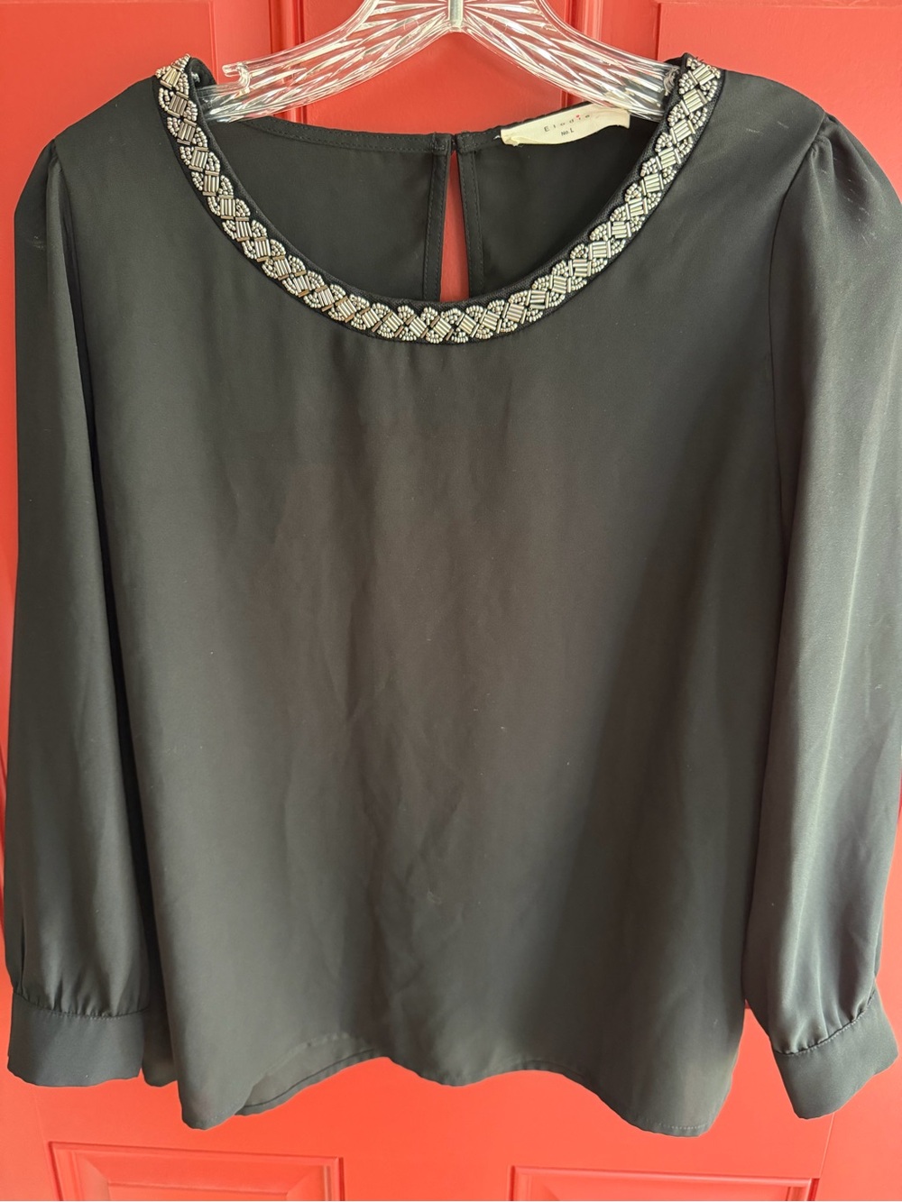 Elodie Black Long-Sleeve Blouse with Beaded Collar